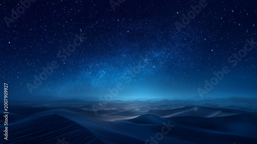 A serene nightscape featuring a star filled sky over a landscape of soft rolling hills in blue hues