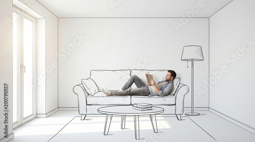 Man relaxing on hand drawn sketch sofa reading book in minimal white living room interior concept