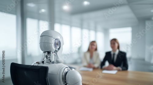Diverse hiring panel interviewing humanoid robot candidate, inclusive recruitment and AI hiring concept
