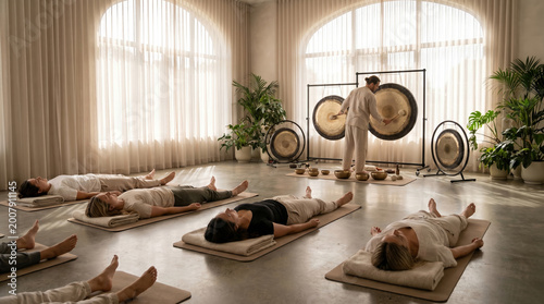 Sound healing therapist playing large gong for group lying on yoga mats with singing bowls in airy studio