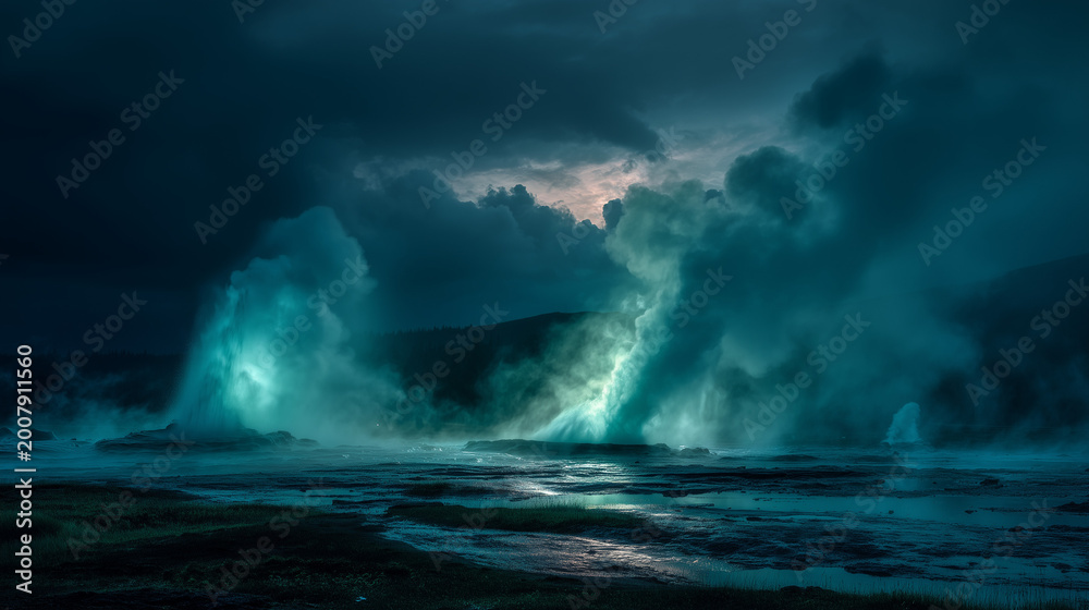 Fototapeta premium A dramatic seascape featuring turbulent waves under a stormy sky with a glowing turquoise hue light