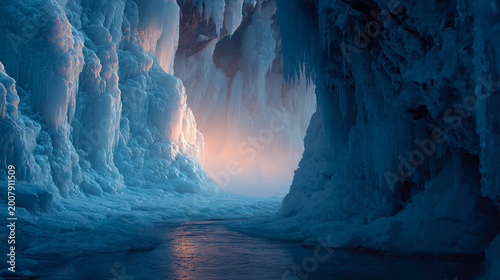 A frozen landscape featuring ice formations and a waterway illuminated by a soft glow at the end