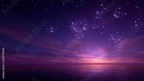 A serene purple night sky filled with stars reflecting on the calm ocean surface at twilight hour