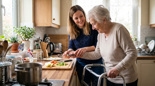 Young caregiver helping elderly woman with walker prepare vegetables in kitchen home care assistance