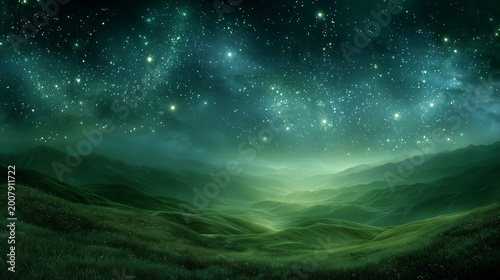 A serene landscape with rolling green hills under a vast night sky filled with twinkling stars above