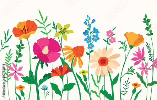 Billede på lærred Colorful Wildflower Garden Background | Flat Hand Drawn Spring Floral Illustrati