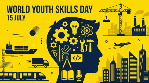 World youth skills day banner with human head profile containing technical icons for industrial logistics and technology education concept
