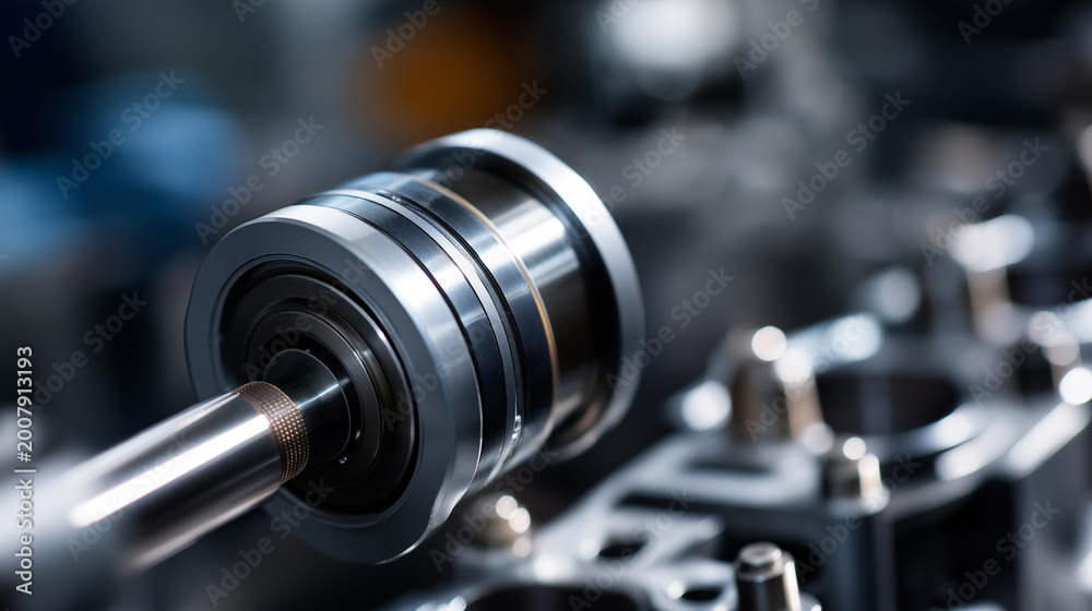 Fototapeta premium Close-up view of an internal combustion engine piston assembly showing mechanical precision and detailed component design. Piston assembly close-up, mechanical precision,
