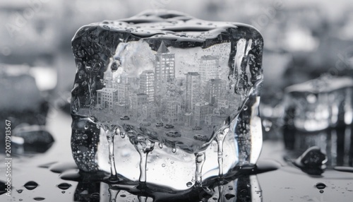 Surreal miniature city inside melting ice cube urban landscape macroscopic art icy roads dreamlike environment unique perspective