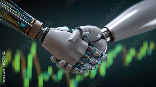 Human and humanoid robot partnership for fintech innovation, AI investing and financial transformation concept