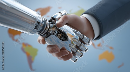 Human and humanoid robot handshake for AI business partnership