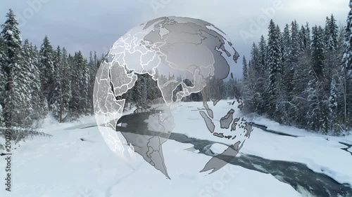 On drone approach translucent rotating globe refining over river, revealing icefall and global link