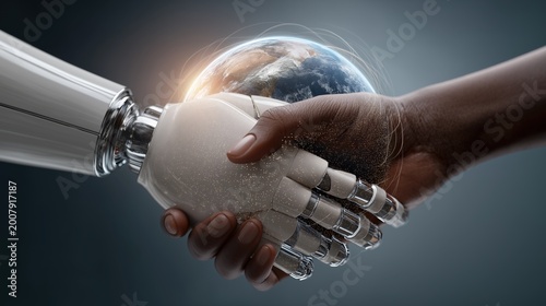 Human and robot handshake representing trust, governance, and responsible AI