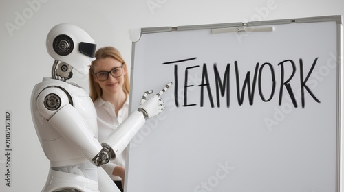 Human and humanoid robot standing together in front of TEAM sign