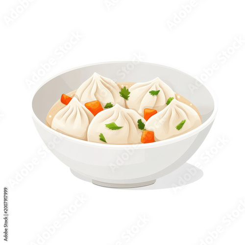 Bowl of traditional steamed dumplings with carrot pieces and fresh herbs on clear background.