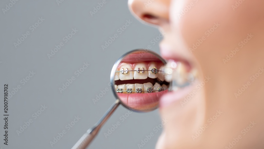 Obraz premium A young girl's teeth with orthodontic braces are examined by a dentist using a mirror, showcasing a close-up of her smile and dental care.