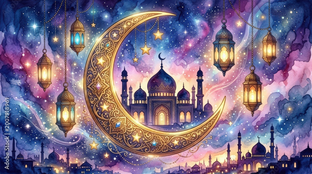 Obraz premium Golden crescent moon and glowing lanterns with mosque silhouette for ramadan celebration