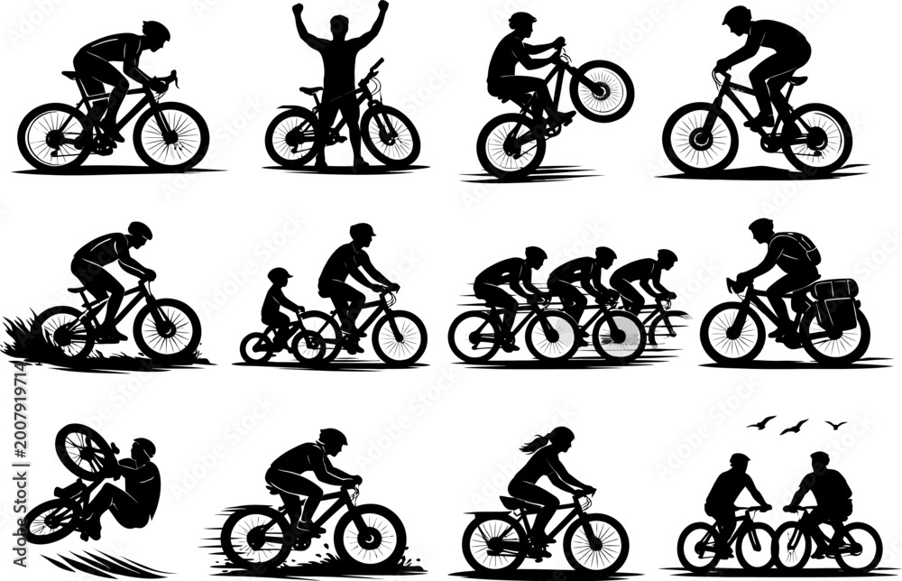 Obraz premium Cyclists riding bicycles in various poses and actions outdoors