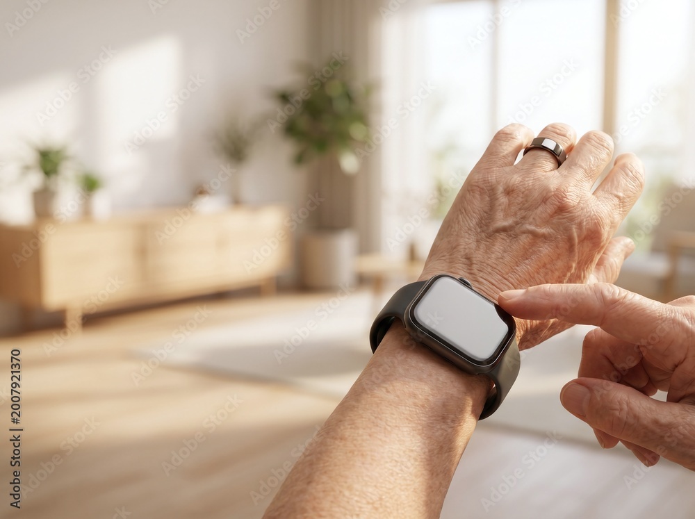 Fototapeta premium Senior Person Using Smartwatch and Smart Ring for Health Tracking