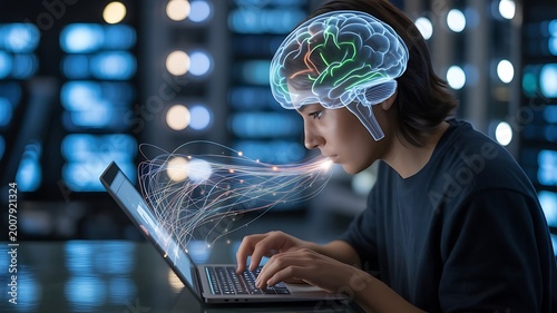 person working on laptop with digital brain concept