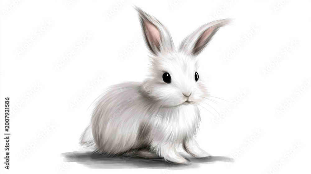 Fototapeta premium White Rabbit Sitting with Fluffy Fur