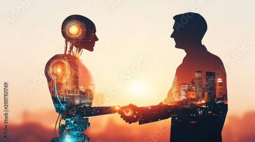 Enterprise AI automation partnership, humanoid robot and executive handshake for digital transformation