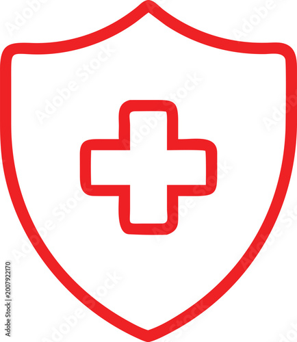 Medical shield icon with red cross, healthcare protection symbol on white background, emergency first aid and safety insurance graphic
