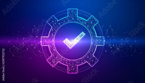 An abstract image of a digital gear icon featuring a checkmark symbol, rendered in vibrant neon colors and interconnected lines, symbolizes technological validation.