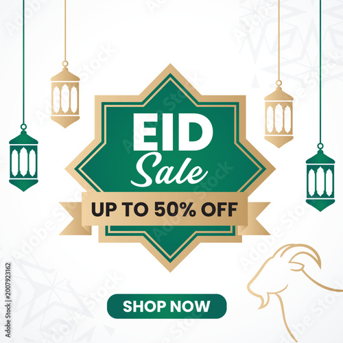 Eid al Adha Sale Banner with Lantern and Goat Illustration, 50 Percent Discount Offer