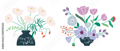 Blooming flower bunches, bouquet, wreath illustration. Vector design, Spring celebration, boho style, hand drawn art. Great for mothers day, valentines day gift card. Floral composition illustration.
