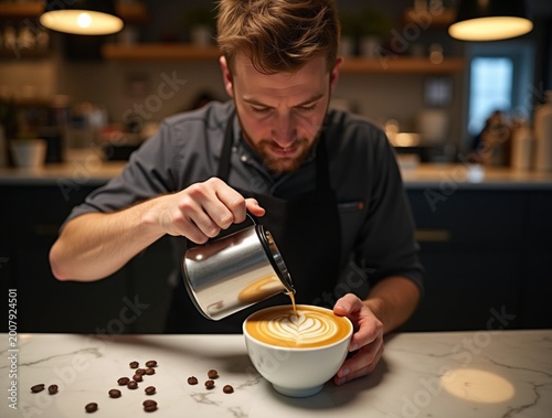A Caucasian male barista crafts a latte art rosette using a stainless steel pitcher over a marble counter. Warm pendant lighting highlights the rich coffee crema, scattered coffee beans, and clean wor