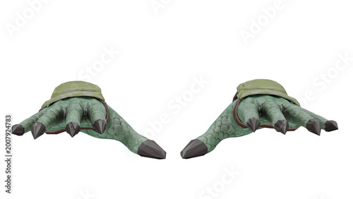 Photography 3d rendering of green reptilian hands with claws