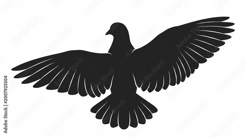 Obraz premium Flying Pigeon Silhouette Vector – Realistic Bird Wings Spread, Black and White Dove Illustration Isolated on White Background, icon
