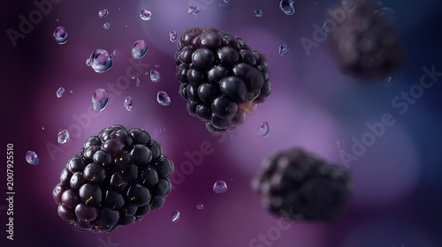 Blackberries surrounded by water droplets on a purple background