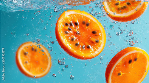 Fresh orange slices submerged in water with ice cubes