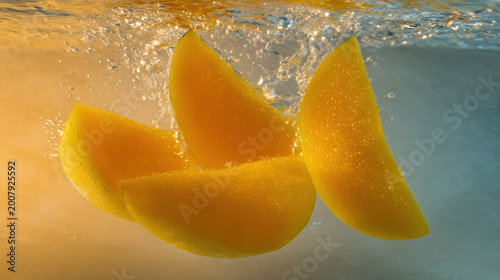 Citrus slices submerged in water with sunlight reflection