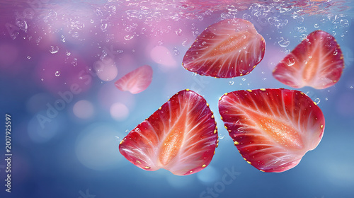 Fresh Red Strawberry Slices Floating in Water with Drops