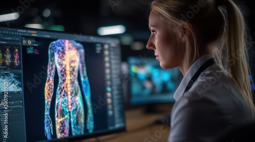 AI radiology and medical imaging analysis with clinician reviewing digital patient scan, healthcare analytics and diagnostic technology