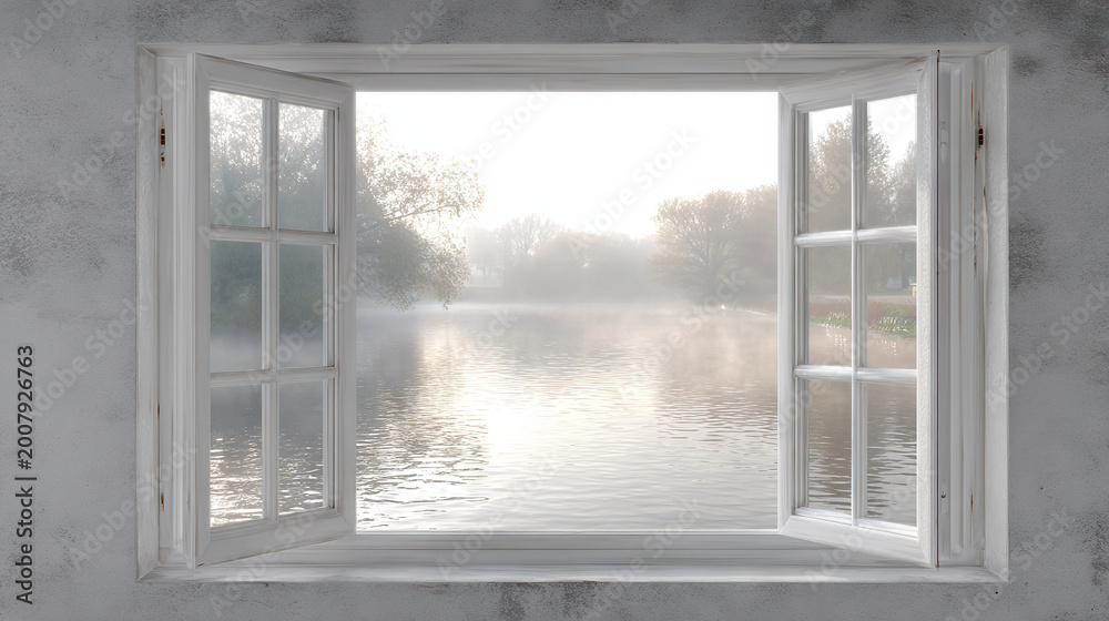 Fototapeta premium Sunlit Lake View Through Open Windows