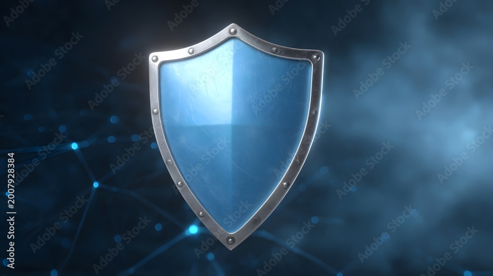 Fototapeta premium A sleek metallic shield overlaying a complex blue network structure symbolizing advanced digital security and protection