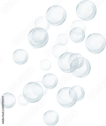 Realistic 3D soap bubbles with rainbow reflection, transparent background, vector illustration, bubble PNG, flying water glass bubble, iridescent foam, isolated composition, 3D rendering