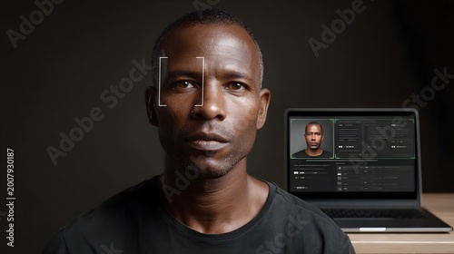 A professional man with a serious expression stands before a laptop displaying a biometric facial recognition interface
