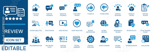 Photos Review icon set featuring rating, customer feedback, star ratings, user testimonials, and business evaluation symbols in a modern blue flat design