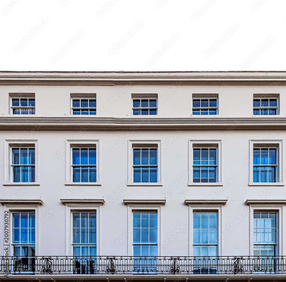 Fototapeta premium PNG Georgian townhouse facade with white wall, sash windows, and balcony on transparent background, UK architecture