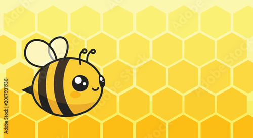 A charming illustration featuring an adorable, round-bodied bee with wide eyes, smiling against a vibrant yellow background filled with honeycomb patterns.