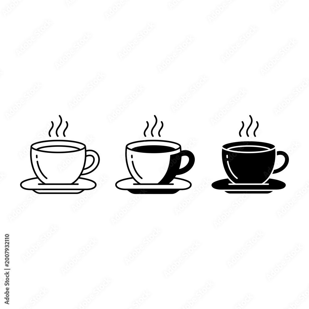 Fototapeta premium 3 Coffee Cup icons featuring hot tea mugs and saucers, outline solid styles, UI and web interface design