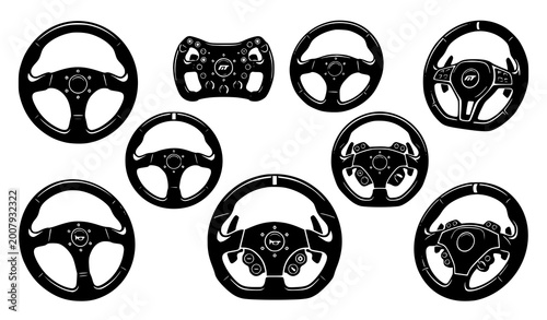 Tableau sur toile Motorsport steering wheel icon set with sporty car control designs for automotiv