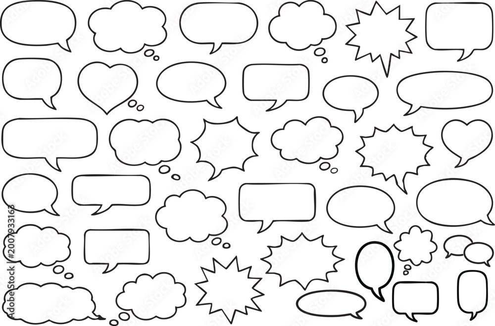 Obraz premium Hand Drawn Speech Bubbles Set, Comic Chat Dialog Clouds, Doodle Communication Icons Collection