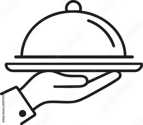 Serving Tray Cloche Icon in Hand, Restaurant Service Concept, Food Delivery and Catering Line Illustration