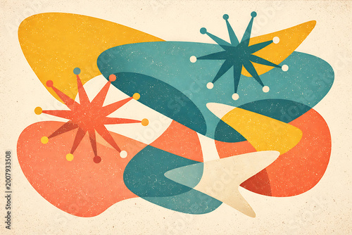 Overlapping atomic age starburst shapes in orange, yellow, teal on beige